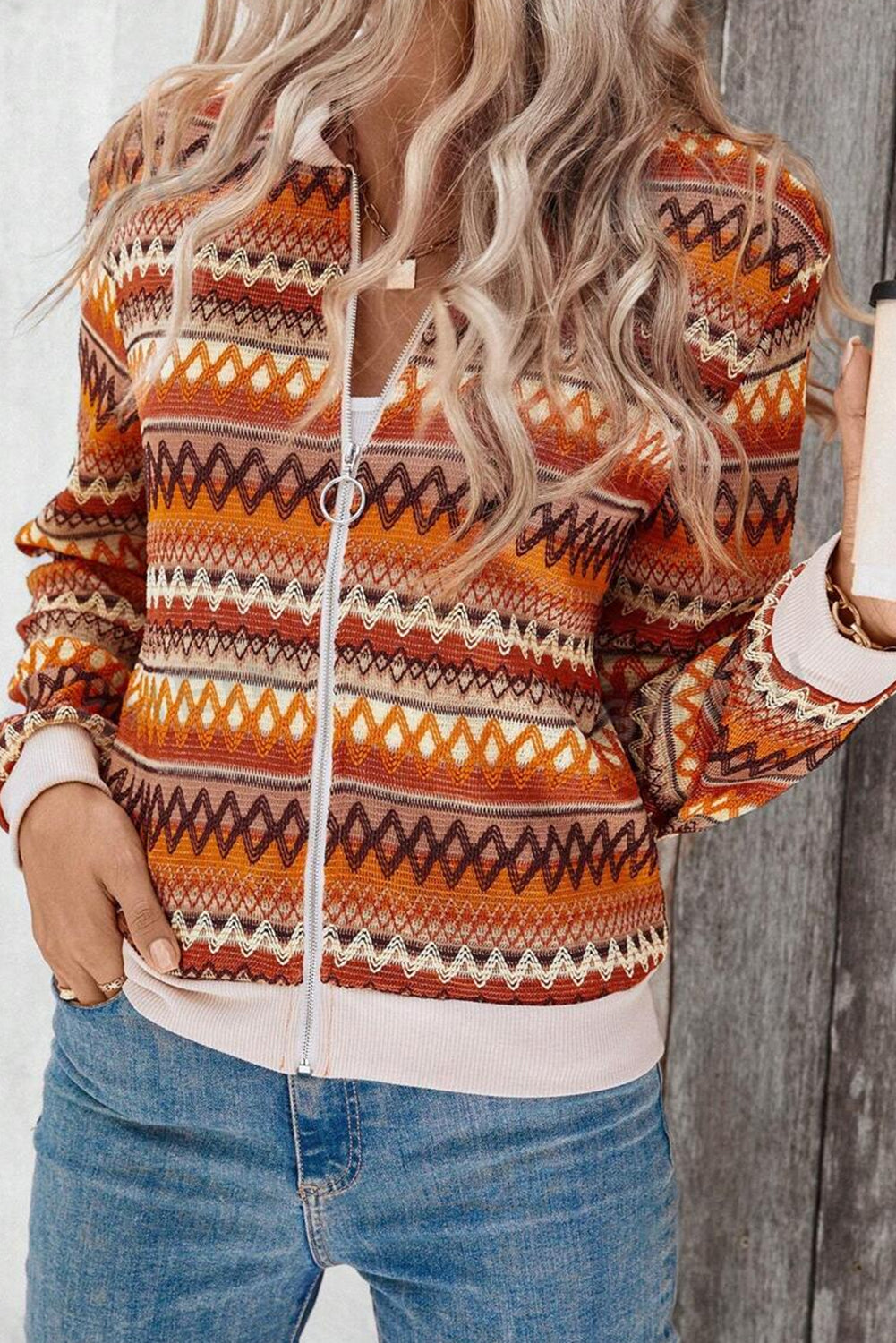 Rustic Fall Boho Striped Zip Up Long Sleeve Jacket
