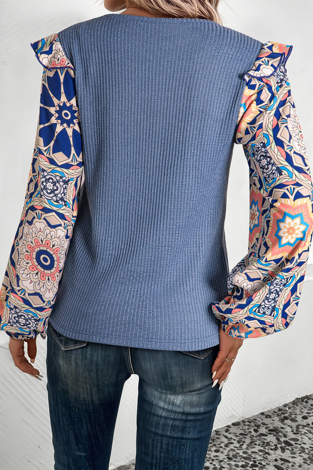 Medium Blue Ruffled Floral Sleeve Waffle Knit Round Neck Shirt