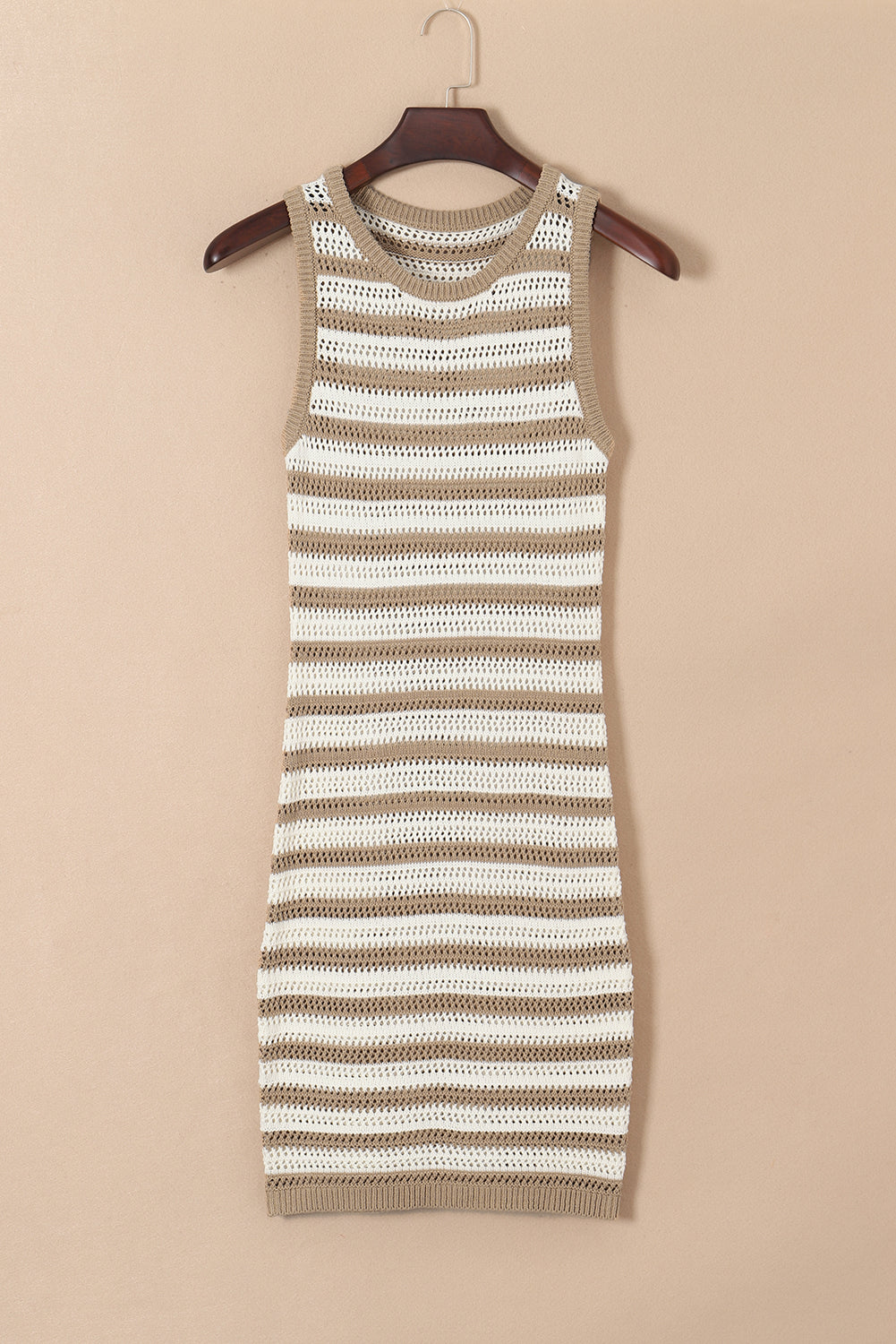 Khaki Stripe Sleeveless Open Knit Sweater Dress