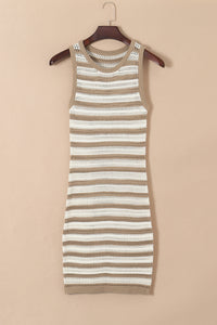 Khaki Stripe Sleeveless Open Knit Sweater Dress