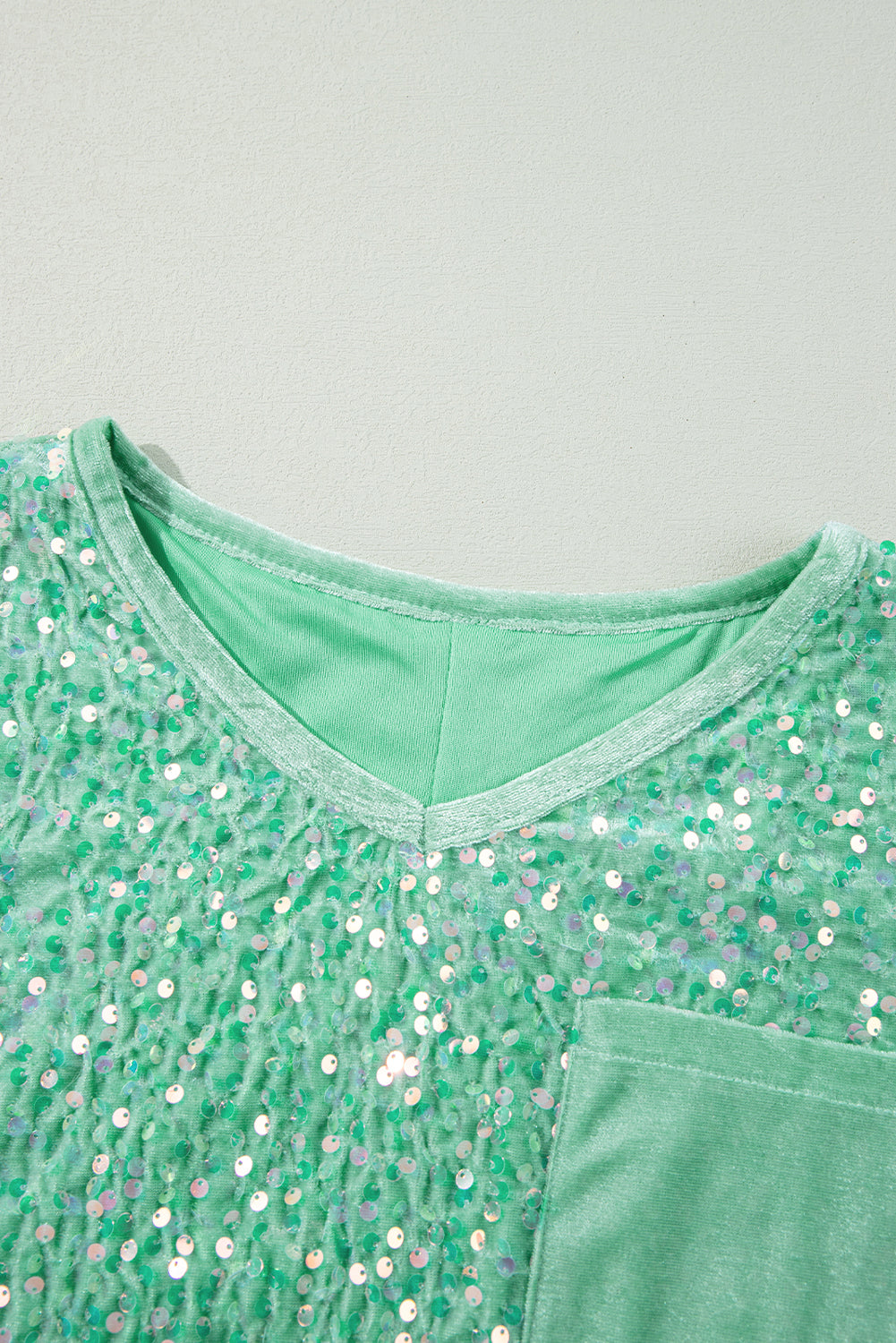 Mint Green Sequined Velour Batwing Sleeve Hi-lo V-Neck Top