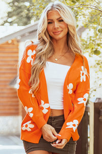Orange Floral Print Open Front Loose Knit Lightweight  Cardigan Sweater