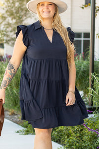 Navy Blue Collared V-Neck Flutter Sleeve Tiered Plus Size Dress