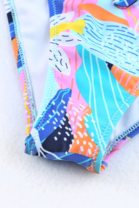 Caribbean Blue Tropical Print Ruffled Square Neck High Waist Swimsuit