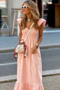 V-Neck Flutter Sleeve Smocked High Waist Ruffle Maxi Dress with Pockets