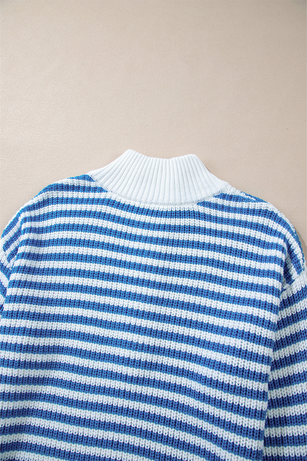 Bright Blue & White Stripe 1/4 Zip Mock Collar Knit Sweater