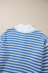 Bright Blue & White Stripe 1/4 Zip Mock Collar Knit Sweater