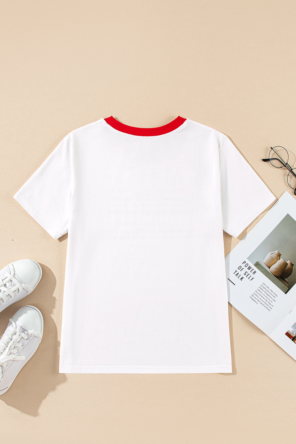 White Rainbow Stripe Graphic Red Trim Crew Neck T-Shirt