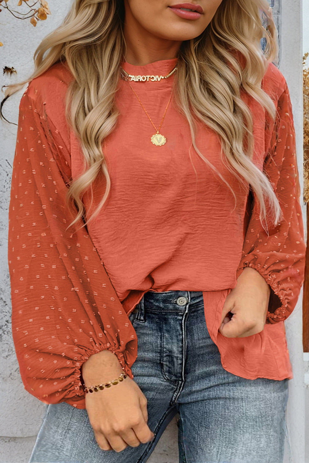 Russet Orange Swiss Dot Balloon Sleeve Mock Neck Blouse