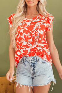 Orange Floral Ruffle Flutter Sleeve Blouse