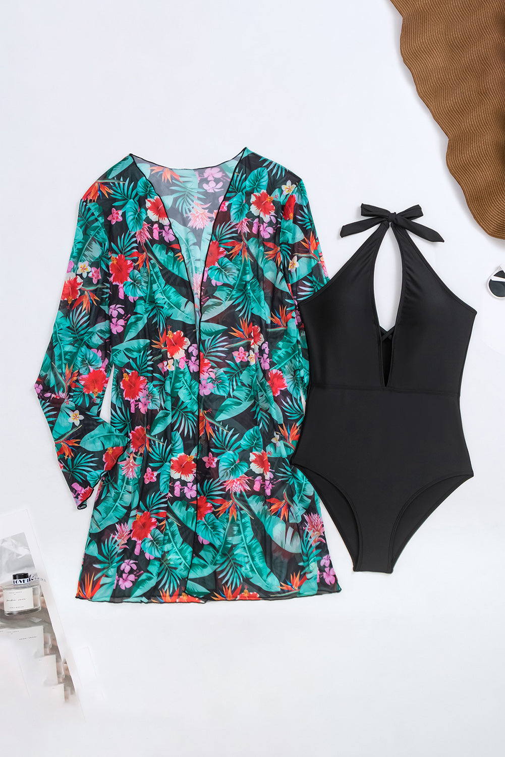 Black Halter Neck Monokini with Teal Floral Beach Cover Up