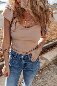 Light Brown Rib Knit Ruffled Cap Sleeve Slim Crop Top