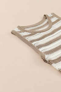 Khaki Stripe Sleeveless Open Knit Sweater Dress