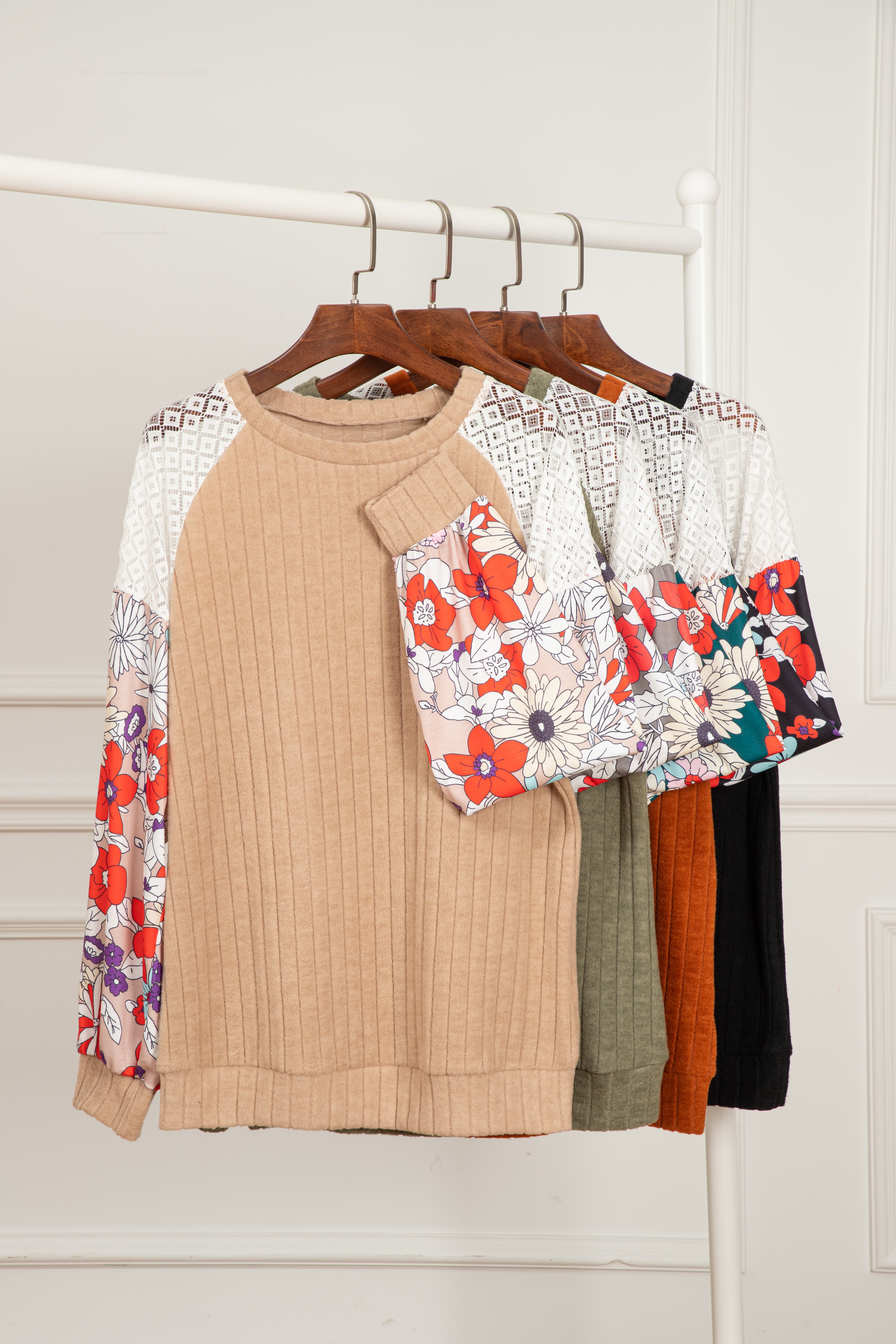 Black Floral Color Block Long Sleeve Textured Shirt