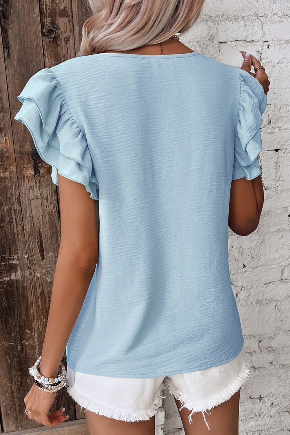 Sky Blue Ruffled Cap Sleeve Textured Blouse