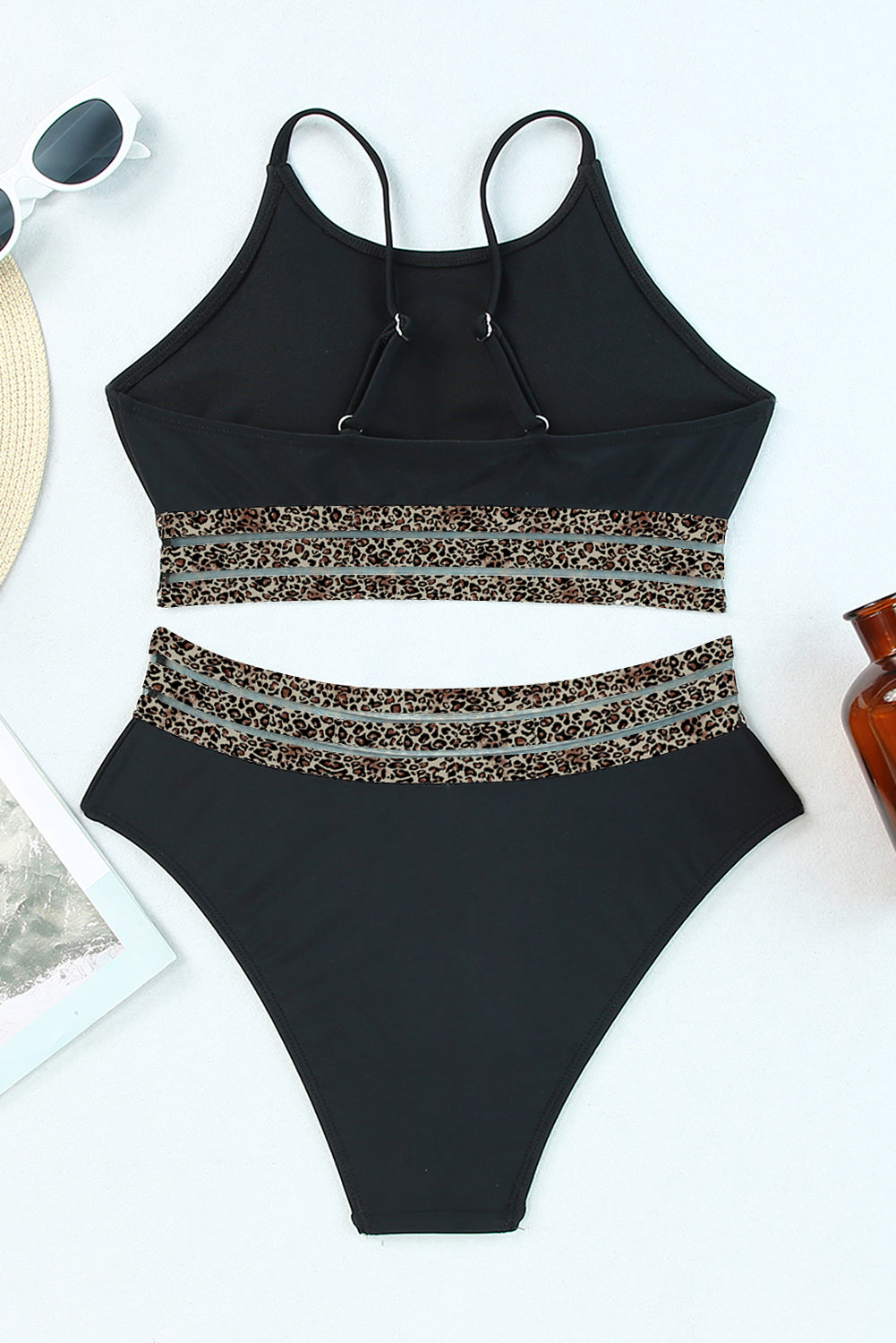 Black with Leopard Mesh Trim 2-Piece Bikini Swimsuit