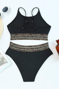 Black with Leopard Mesh Trim 2-Piece Bikini Swimsuit