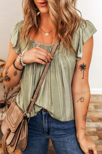 Sage Green Ruffled Cap Sleeve Smocked Round Neck Flowy Top