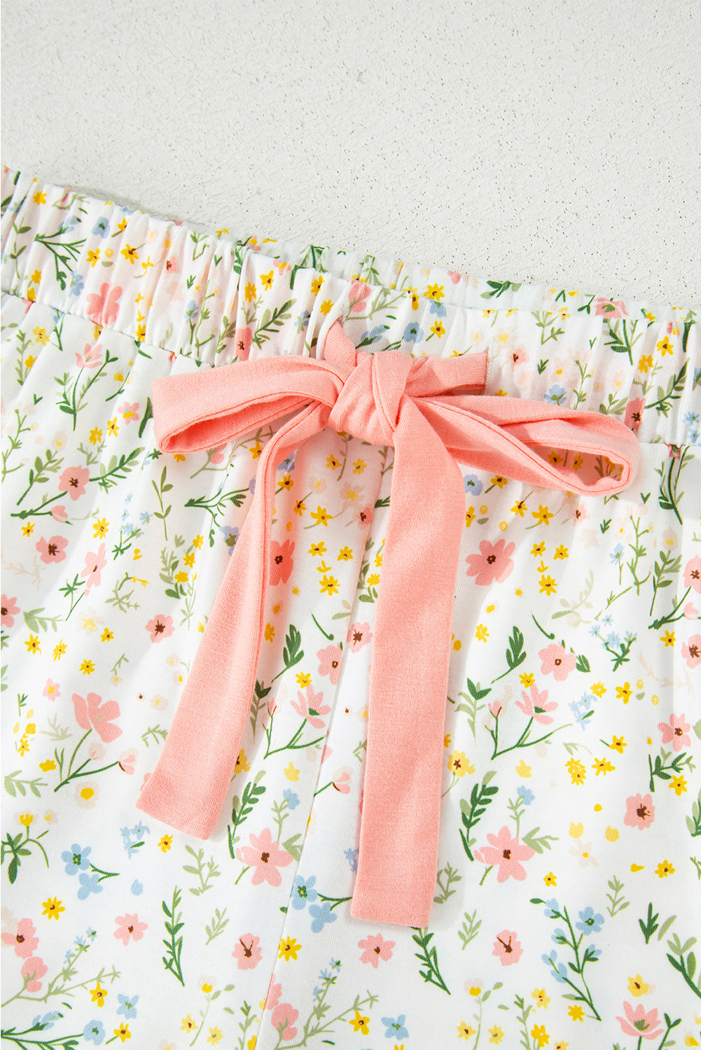 White Spring Floral Pink Contrast Button Up Top and Shorts Pajama Lounge Set