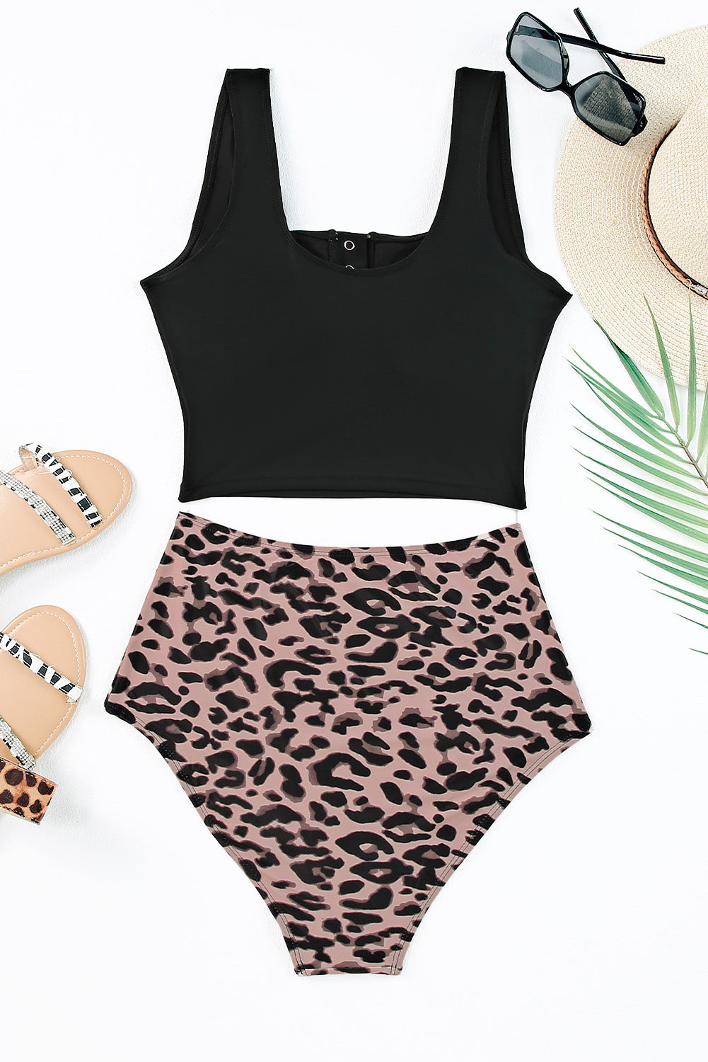 Solid Color Snap Neckline Top Printed Bottom Tankini