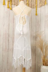 White Crochet Tasseled Hem Long Beach Cover Up