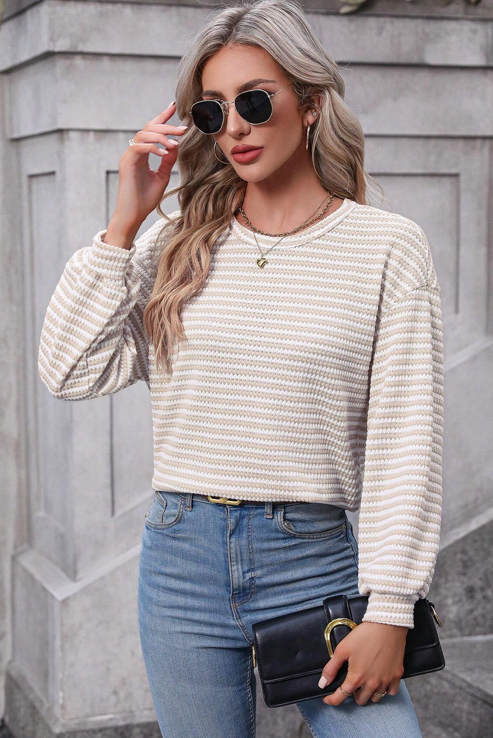 Khaki Stripe Round Neck Long Sleeve Textured Knit Top