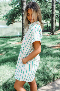 Teal Green Striped Dolman Short Sleeve Loose Mini Shirt Dress
