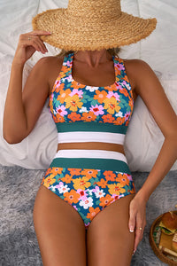 Teal Green Floral Print Racerback High Waist 2-Pc. Bikini