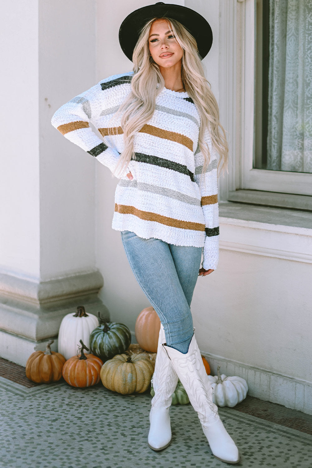 White with Blue & Tan Striped Popcorn Knit Sweater