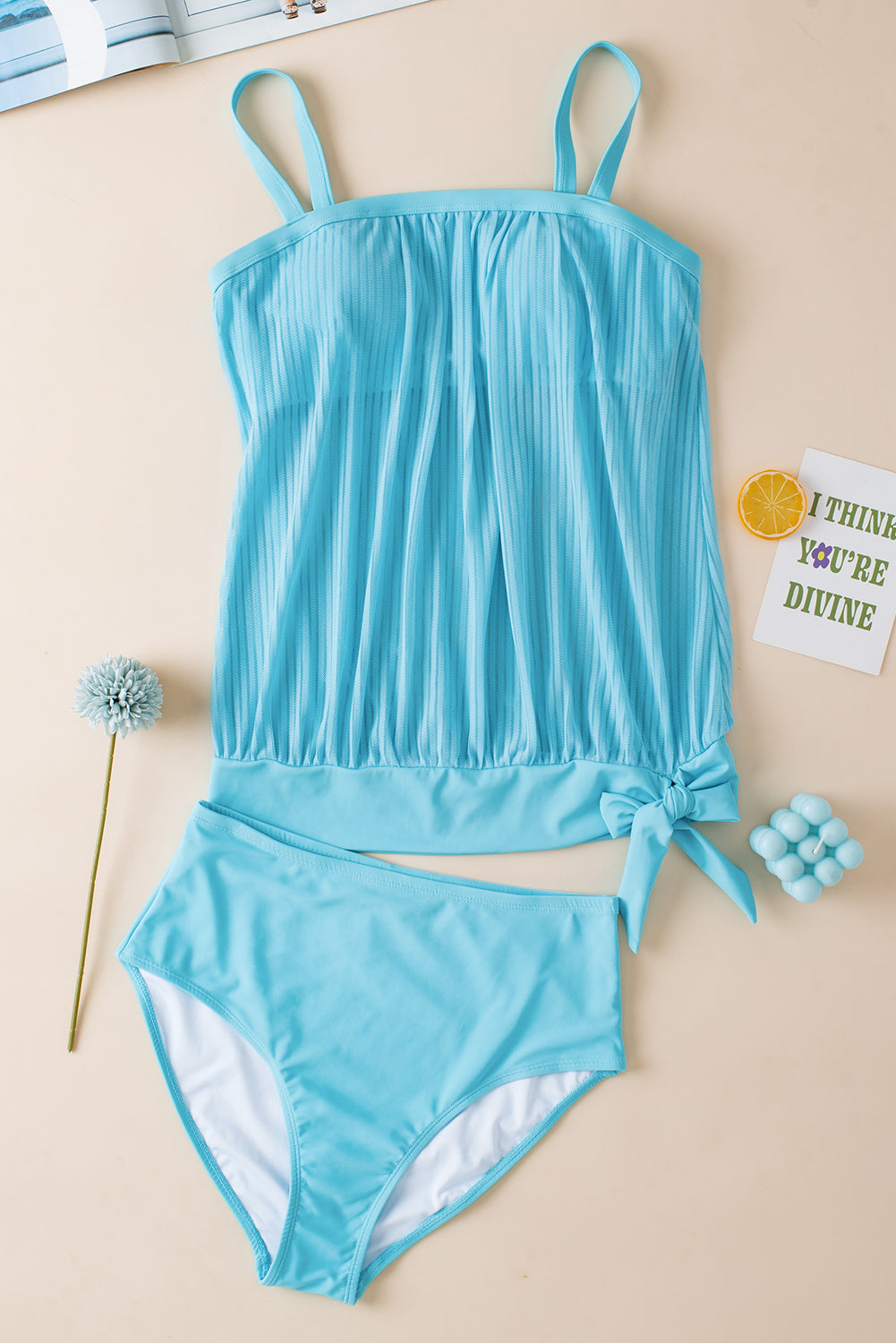 Sheer Striped Mesh Knotted Hem Built in Bra Tankini Swimsuit