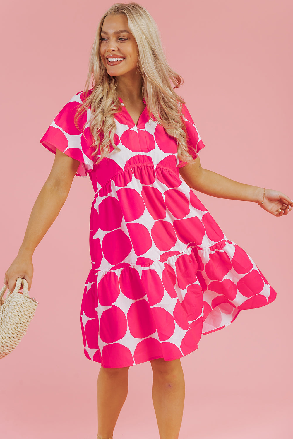 Bright Pink Big Circle Abstract Print V-Neck Tiered Flowy Dress