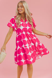 Bright Pink Big Circle Abstract Print V-Neck Tiered Flowy Dress