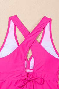 Bright Pink V-Neck Babydoll Tankini Floral Bottom 2-Piece Swimsuit