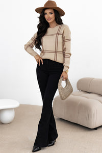 Beige Window Pane Plaid Drop Shoulder Knit Sweater