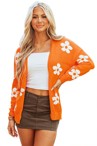 Orange Floral Print Open Front Loose Knit Lightweight  Cardigan Sweater