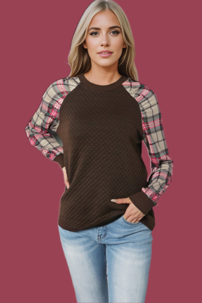 Dark Brown Quilted Crewneck Sweatshirt with Plaid Raglan Sleeves