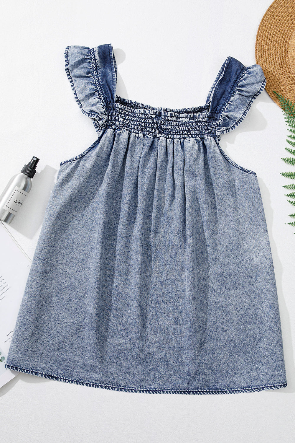 Medium Wash Ruffled Smock Neckline Sleeveless Denim Tank Top