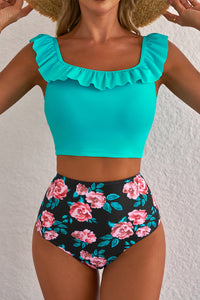 Turquoise Green Ruffled Square Neck Top and Floral High Waist 2-Pc. Swimsuit