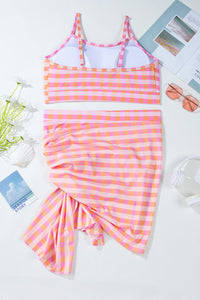 Pink Coral Plaid High Waist Bottom Bikini Top & Sarong 3-Piece Set