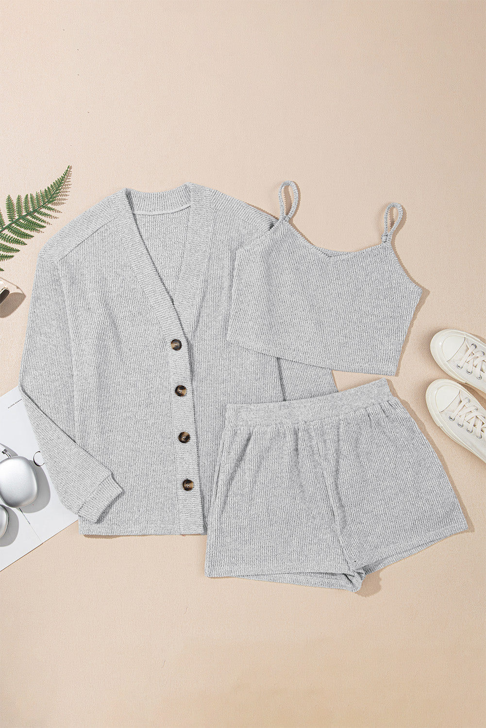 Light Grey 3-Piece Ribbed Knit Crop Camisole Matching Shorts and Cardigan Lounge Set