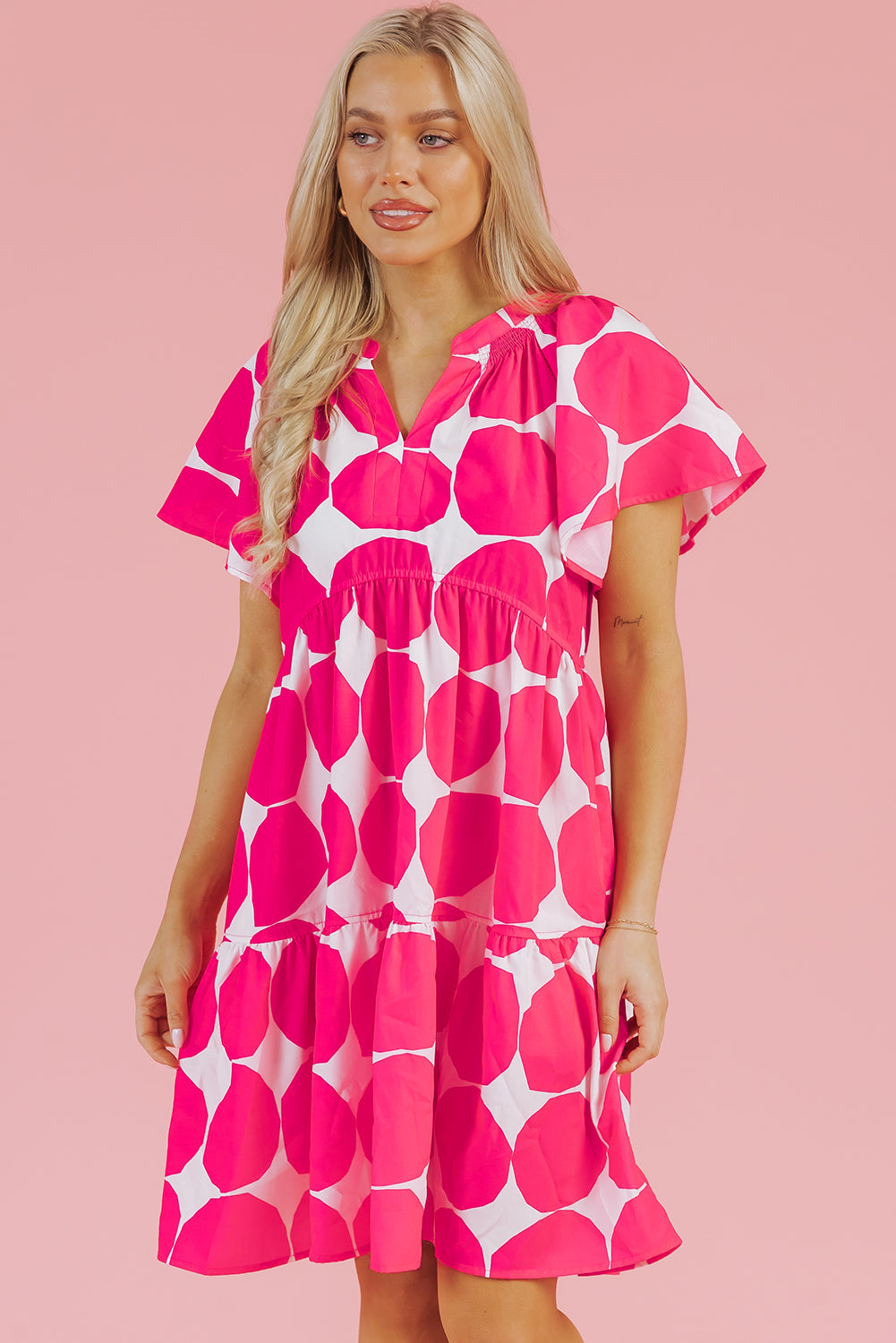 Bright Pink Big Circle Abstract Print V-Neck Tiered Flowy Dress