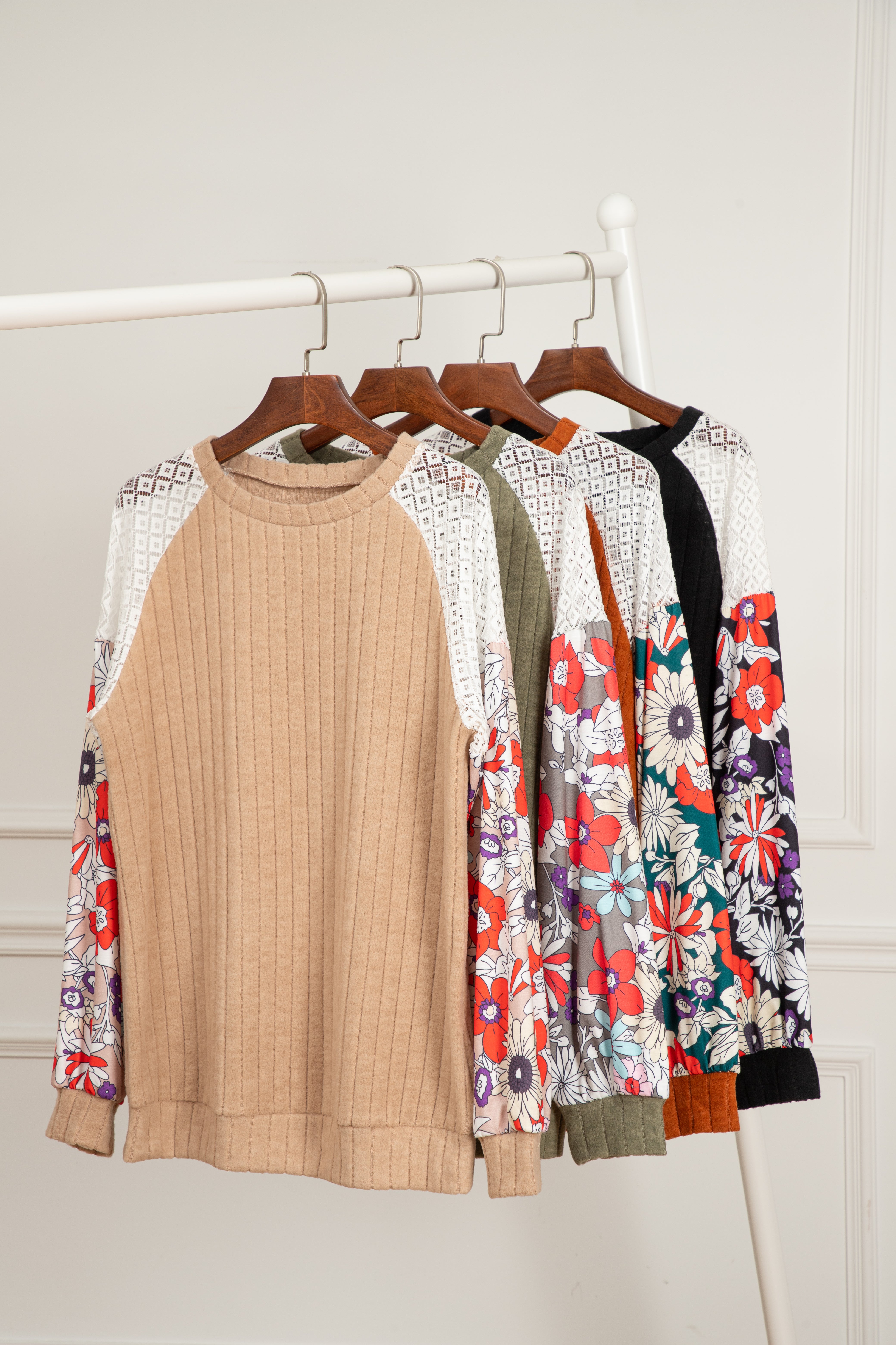 Black Floral Color Block Long Sleeve Textured Shirt