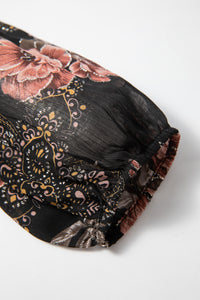 Black Floral Print Cross Over V-Neck Balloon Sleeve Blouse