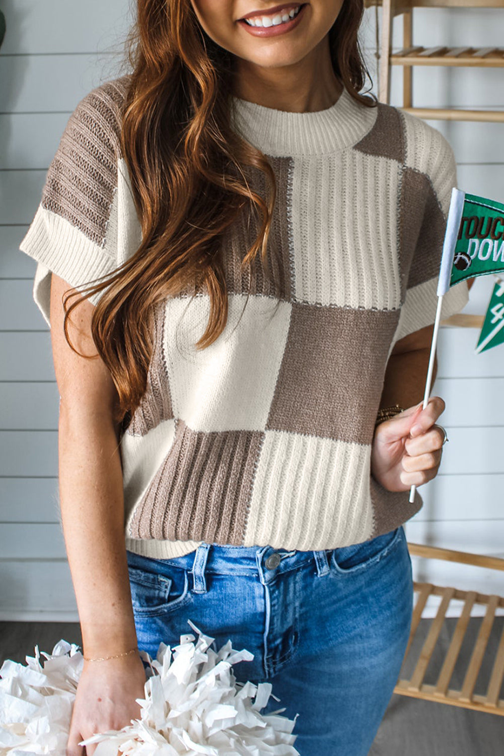 Light Brown Checkered Color Block Crew Neck Short Sleeve Sweater