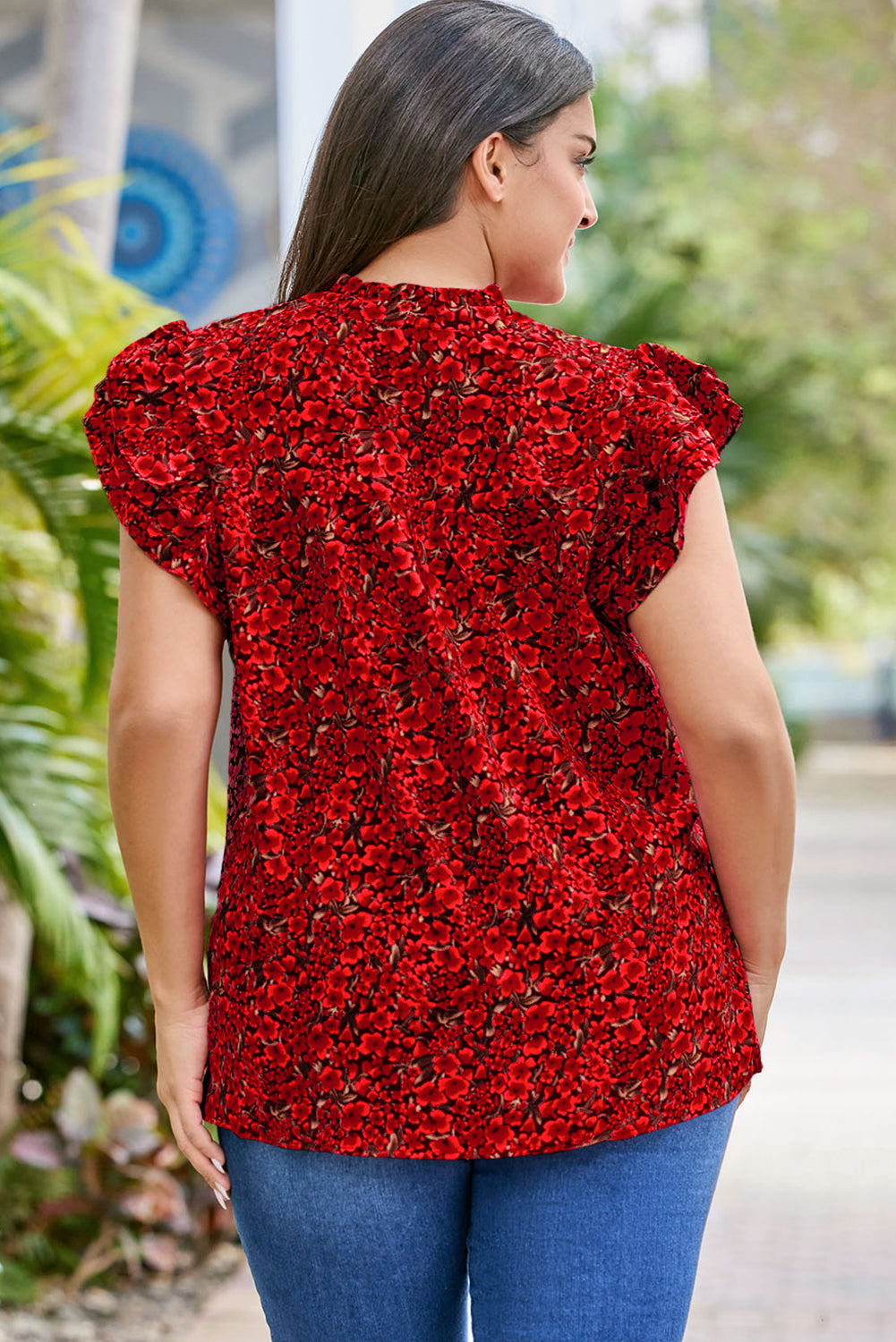 Red Black Mini Floral Print Ruffly Flutter Sleeve Plus Size Blouse