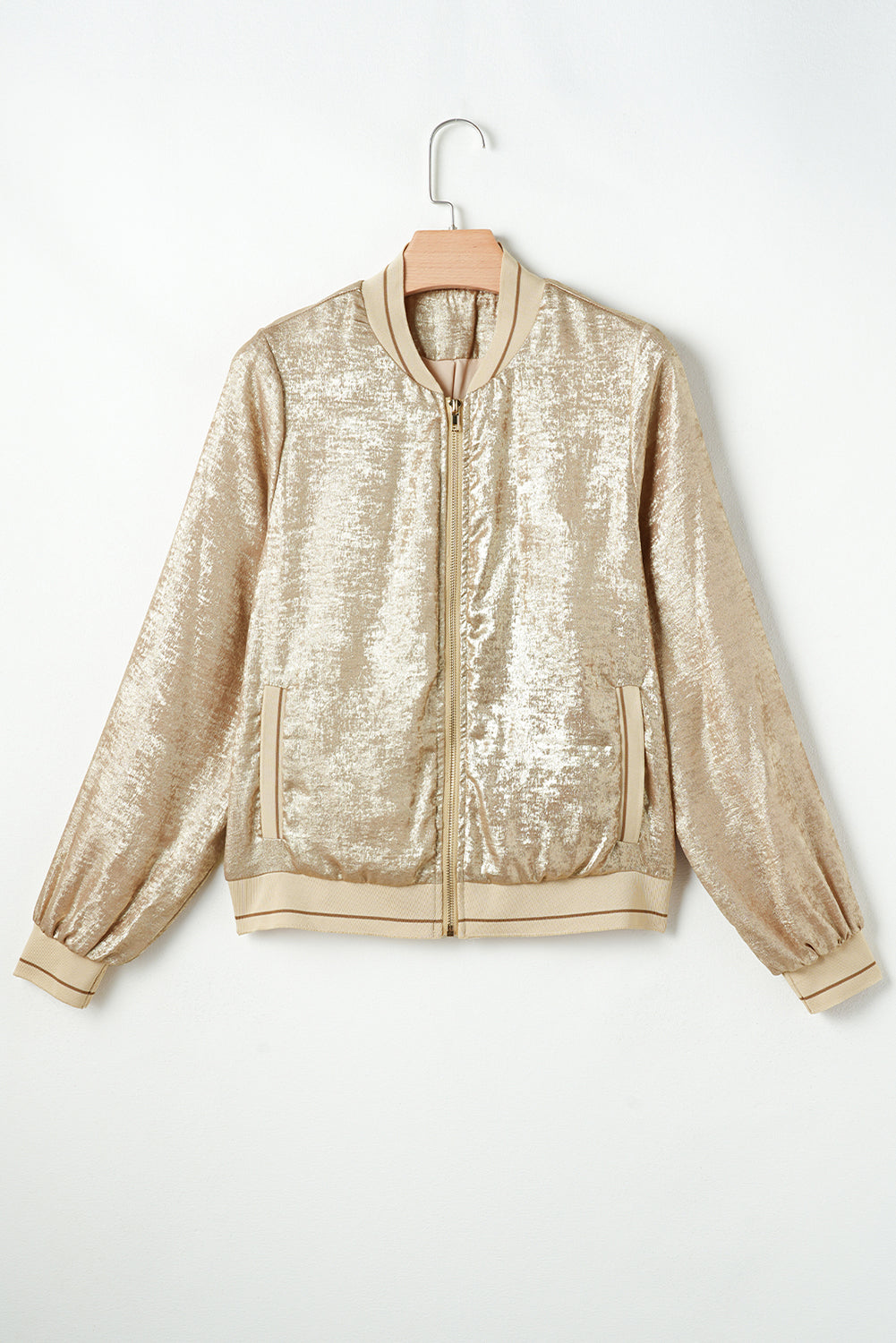 Khaki Metallic Zip Up Baseball Jacket