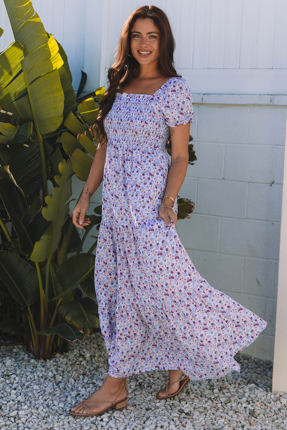 Lavender Floral Ruffly Short Sleeve Smocked Maxi Dress