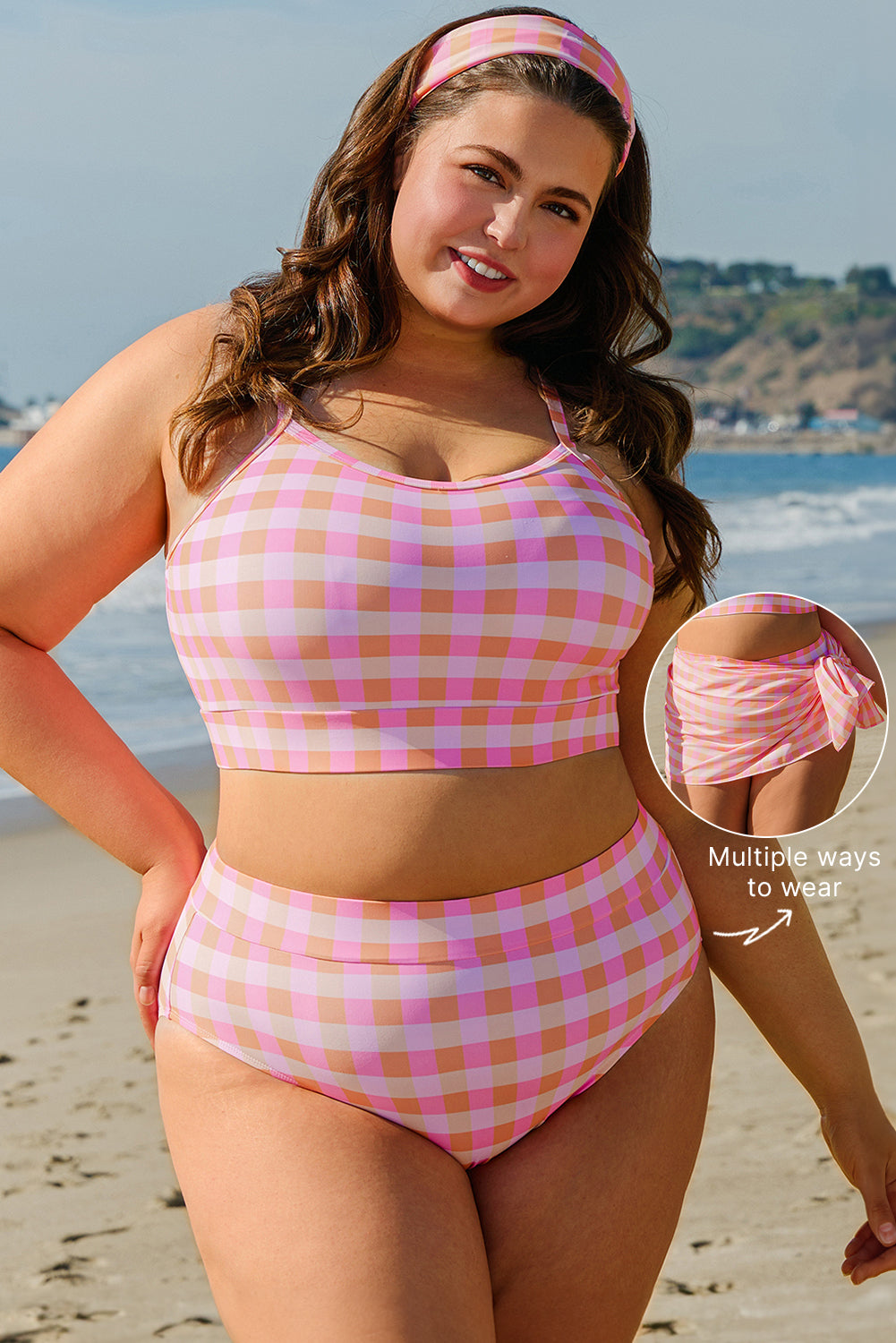 Pink Coral Plaid Plus Size High Waist Bottom Bikini Top with Sarong 3-Piece Set