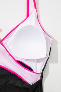 Pink and Black Crossover Cutout One Piece Padded Swimsuit