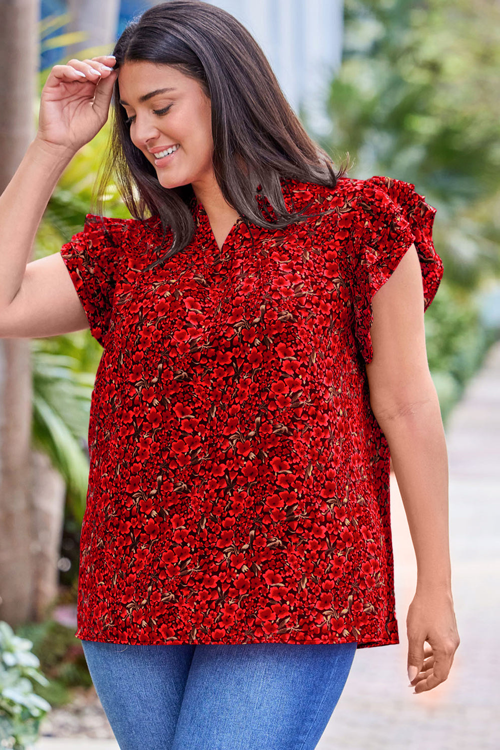 Red Black Mini Floral Print Ruffly Flutter Sleeve Plus Size Blouse